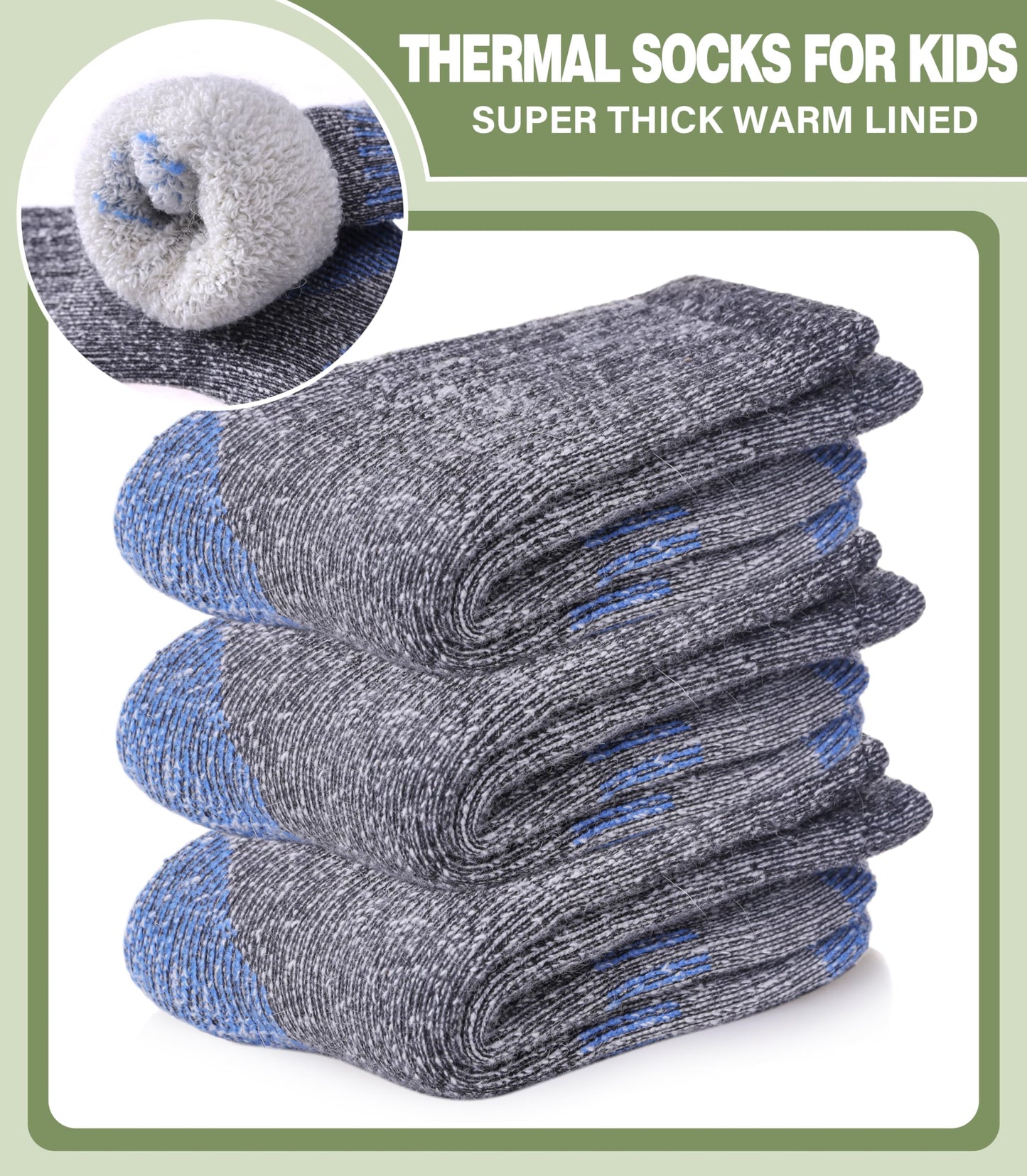 LANLEO Kids Merino Wool Hiking Socks Boys Girls Winter Thermal Warm Thick Cozy Cushion Boot Crew Socks 3 Pairs Hiking Socks Blue,8-12 Year Old