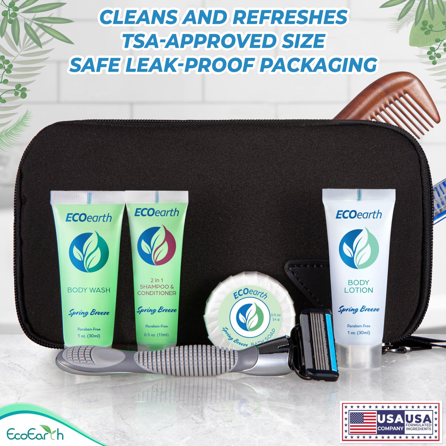 EcoEarth Travel Size Shampoo Conditioner 2-in-1 (0.5 fl oz, 100 PK, Spring Breeze) Delight Your Guests w/Revitalizing & Refreshing Conditioning Shampoo Amenities, Small Size Hotel Toiletries in Bulk