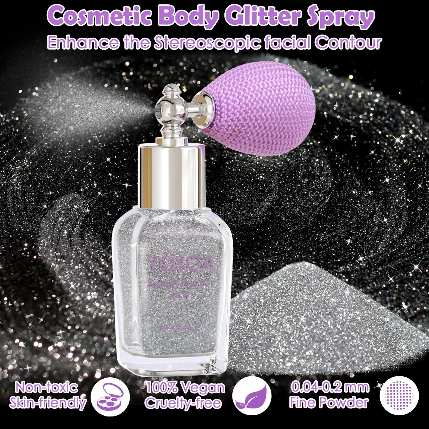 Yosca Body Glitter Spray, 30ML Diamond Body Shimmer Powder Hair Spray Silver Glitter Sparkle Highlighter Makeup Festival Concert Party Mardi Gras Rave Accessories for Rave Clothes Hair Face Nail Art