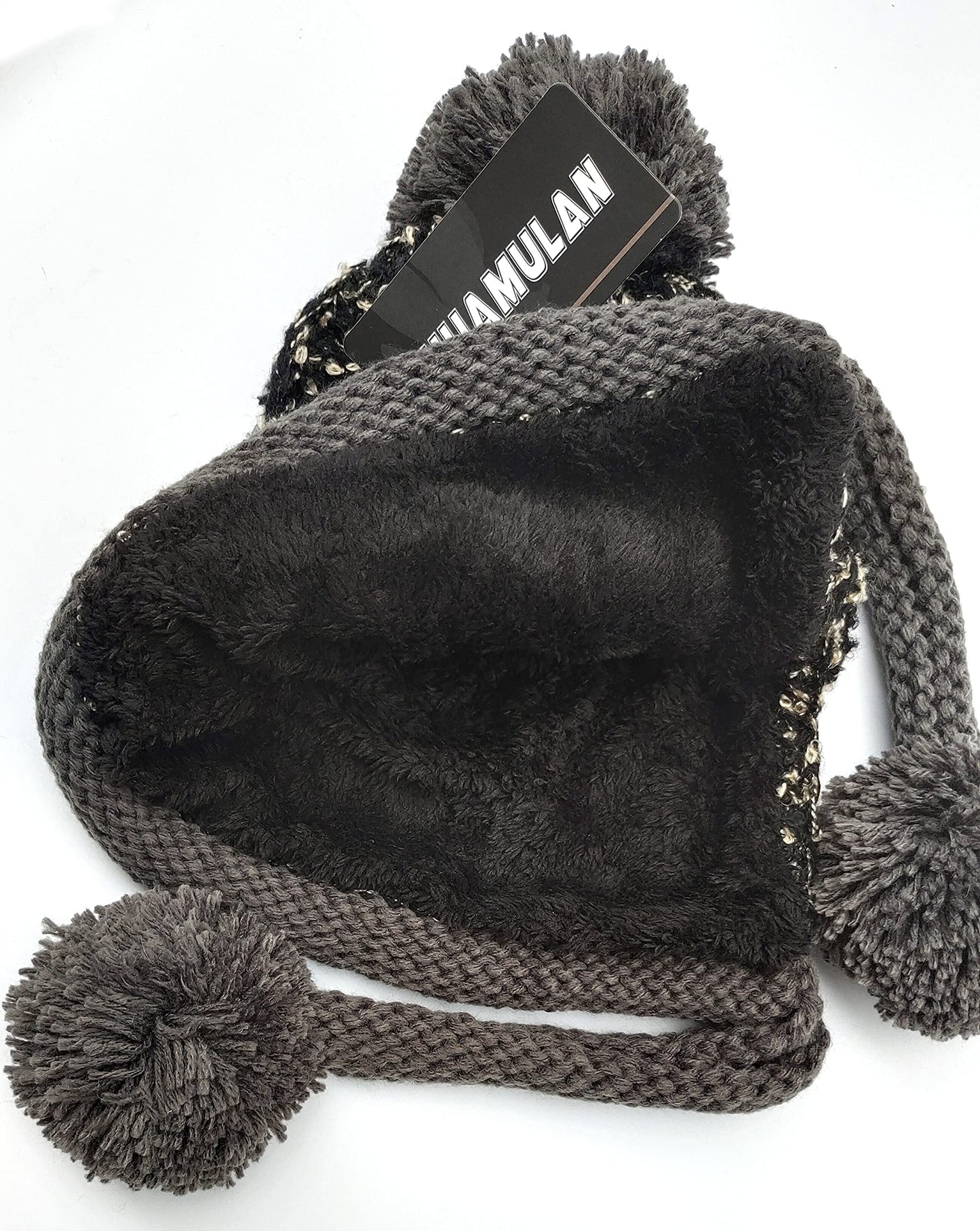 HUAMULAN Women Winter Knit Ear Flaps Beanie Hats Sherpa Peruvian Cover Ears Warm Fleece Lined Fluffy Ski Snow Hat 3 Pompoms