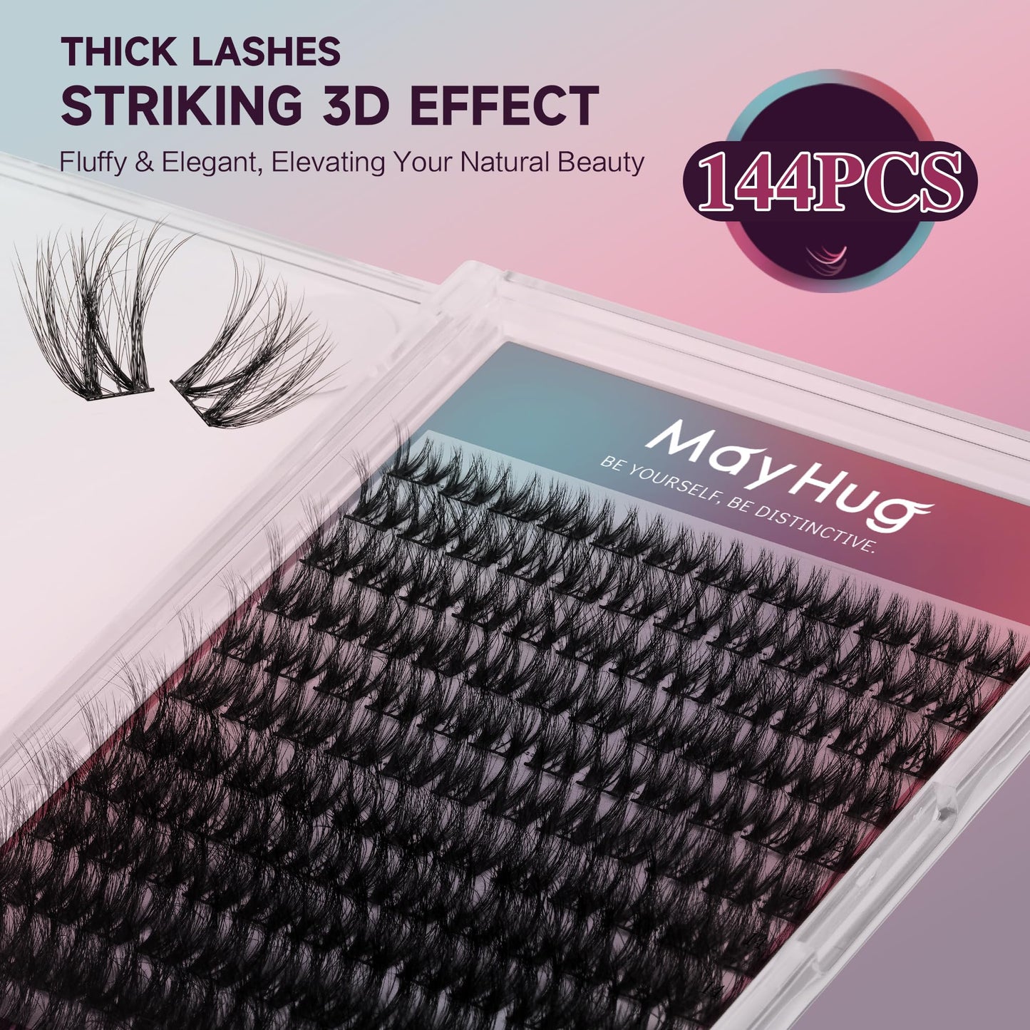 Mayhug Lash Clusters DIY Eyelash Extensions 144 Clusters Lashes D Curl 3D Eyelash Clusters Extensions Wispy Lashes Cluster Ultra-Soft & Super Light & DIY at Home (Prism)