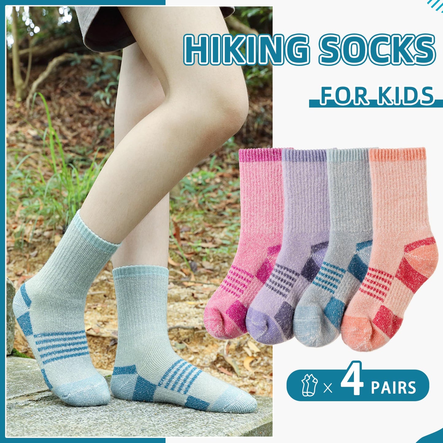 Merino Wool Hiking Socks for Kids Boy Girls Winter Warm Thermal Thick Boot Cozy Cushion Crew Socks(4 Pairs Grey/Orange/Purple/Pink, 8-12 Years)