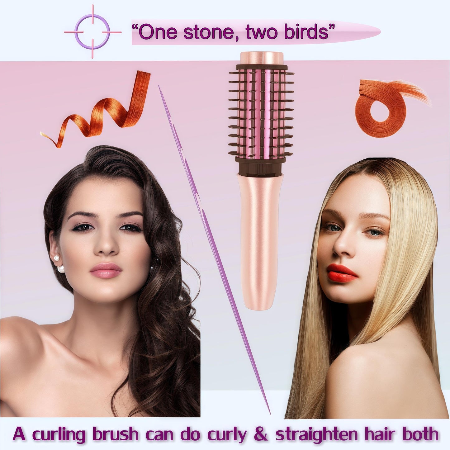 Satxtrem 2-in-1 Cordless Curling Iron & Straightener Brush,Heated Hair Styler with Needle Teeth Comb,USB-C Rechargeable,4 Temp,200M Ionic for Curls/Straightening/Smoothing (Women & Travel) (Pink Gold)