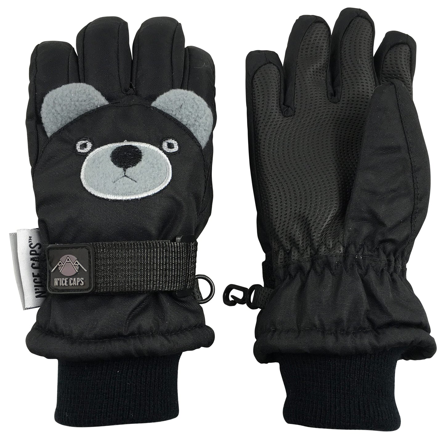 N'Ice Caps Kids Waterproof Snow Gloves Cute Animals Winter Warm Thinsulate (Puppy Black, 5-6 Years)