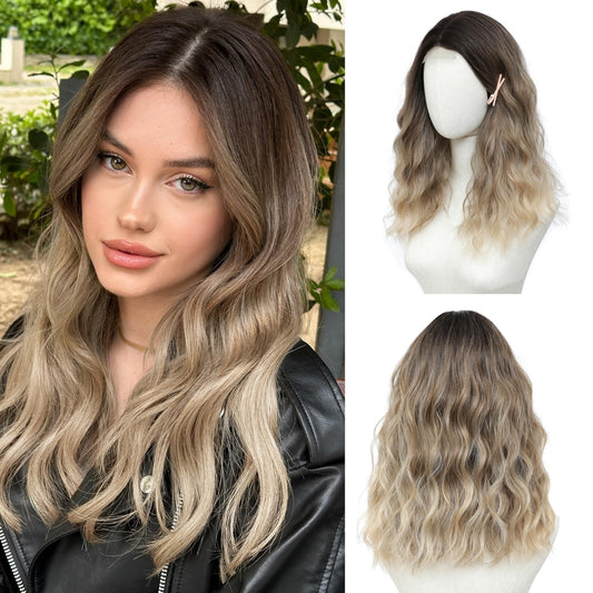 BUPPLER Ombre Blonde Wig 18 Inch Medium Length Wigs for Women Middle Part Synthetic Hair Wavy Wig with Upgraded Strands,Natural Hair Wig for Daily Party/Halloween Use 18Inch,Ombre Blonde