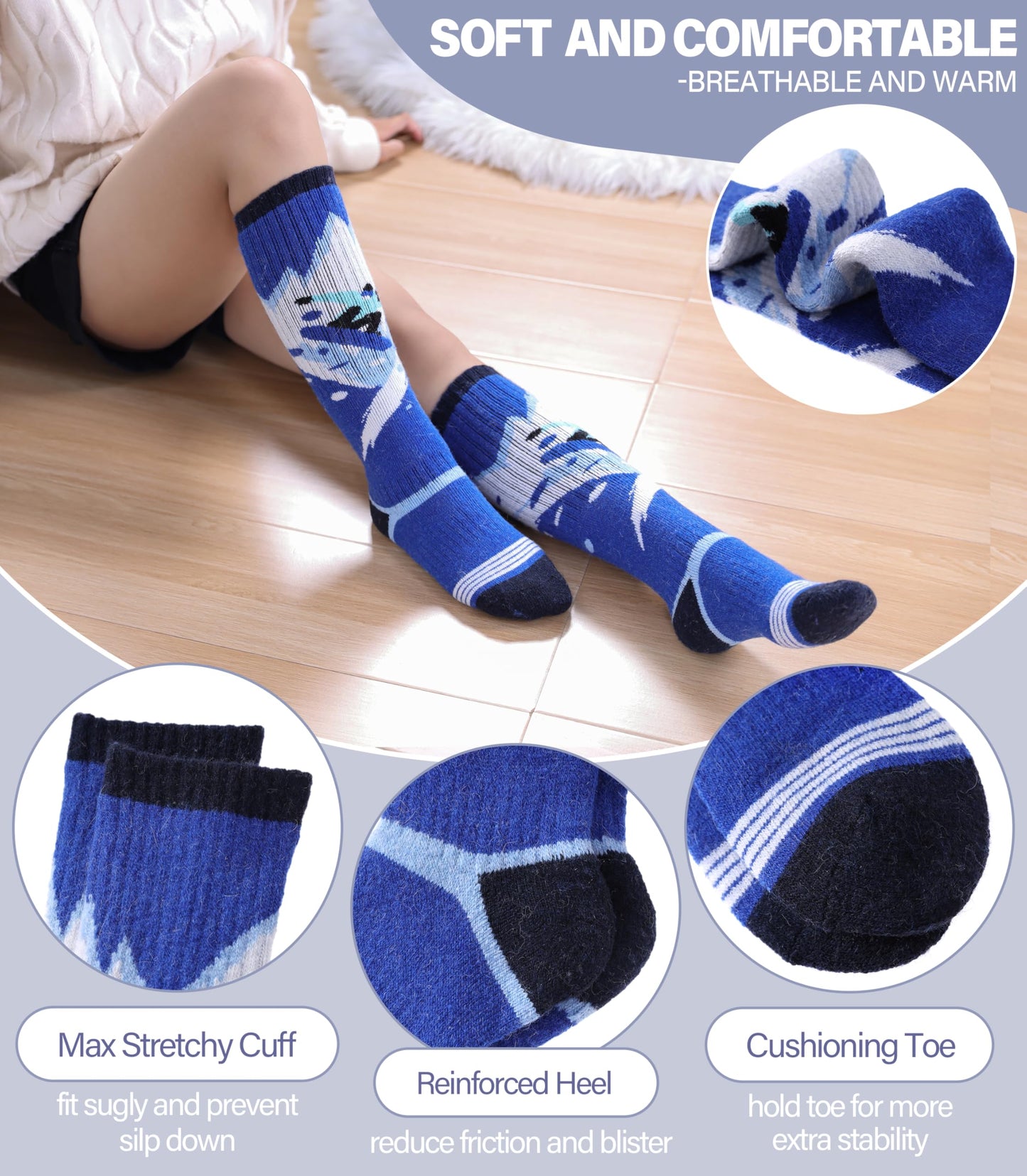 DOSKONI Kids Merino Wool Ski Socks Boys Girls Thermal Winter Warm Thick Cozy Socks for Skiing Snowboarding 3 Pairs Skate Green Blue Grey,8-12 Year Old