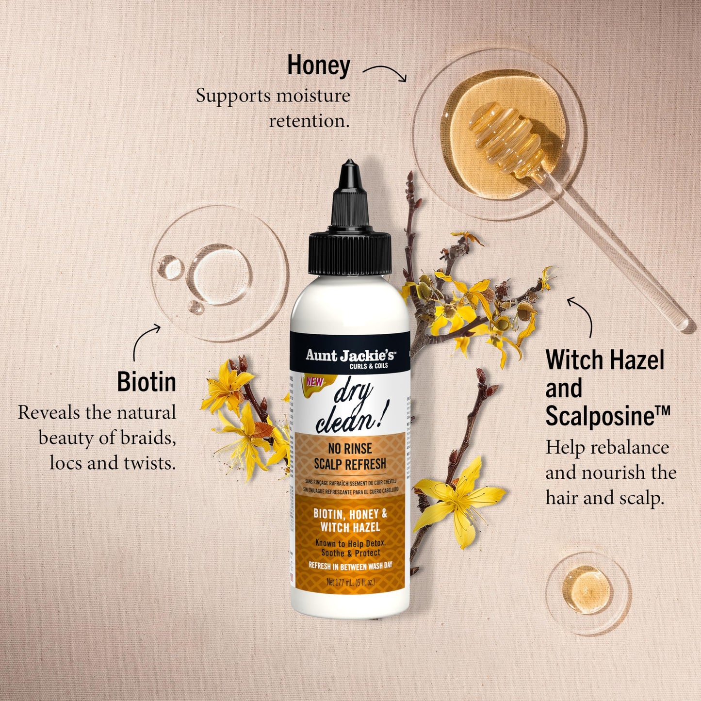 Aunt Jackie's Braid + Twist Collection Dry Clean! No Rinse Scalp Refresh – Detox and Moisturize Scalp with Witch Hazel, Scalposine, Biotin, and Honey – 6 fl oz