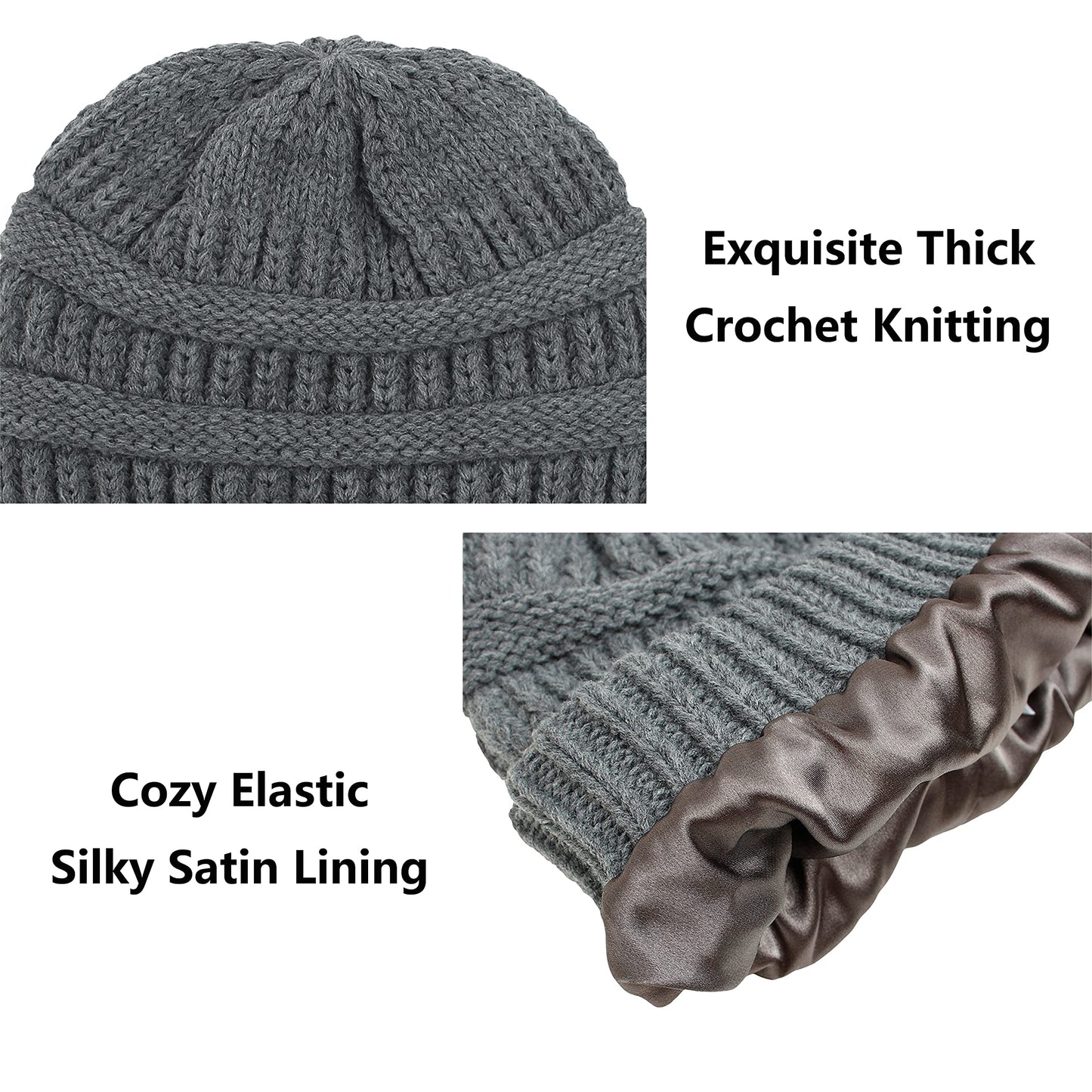 Muryobao Womens Winter Warm Knitted Hat Satin Silk Lined Cable Knit Beanie Chunky Slouchy Skull Cap Dark Grey