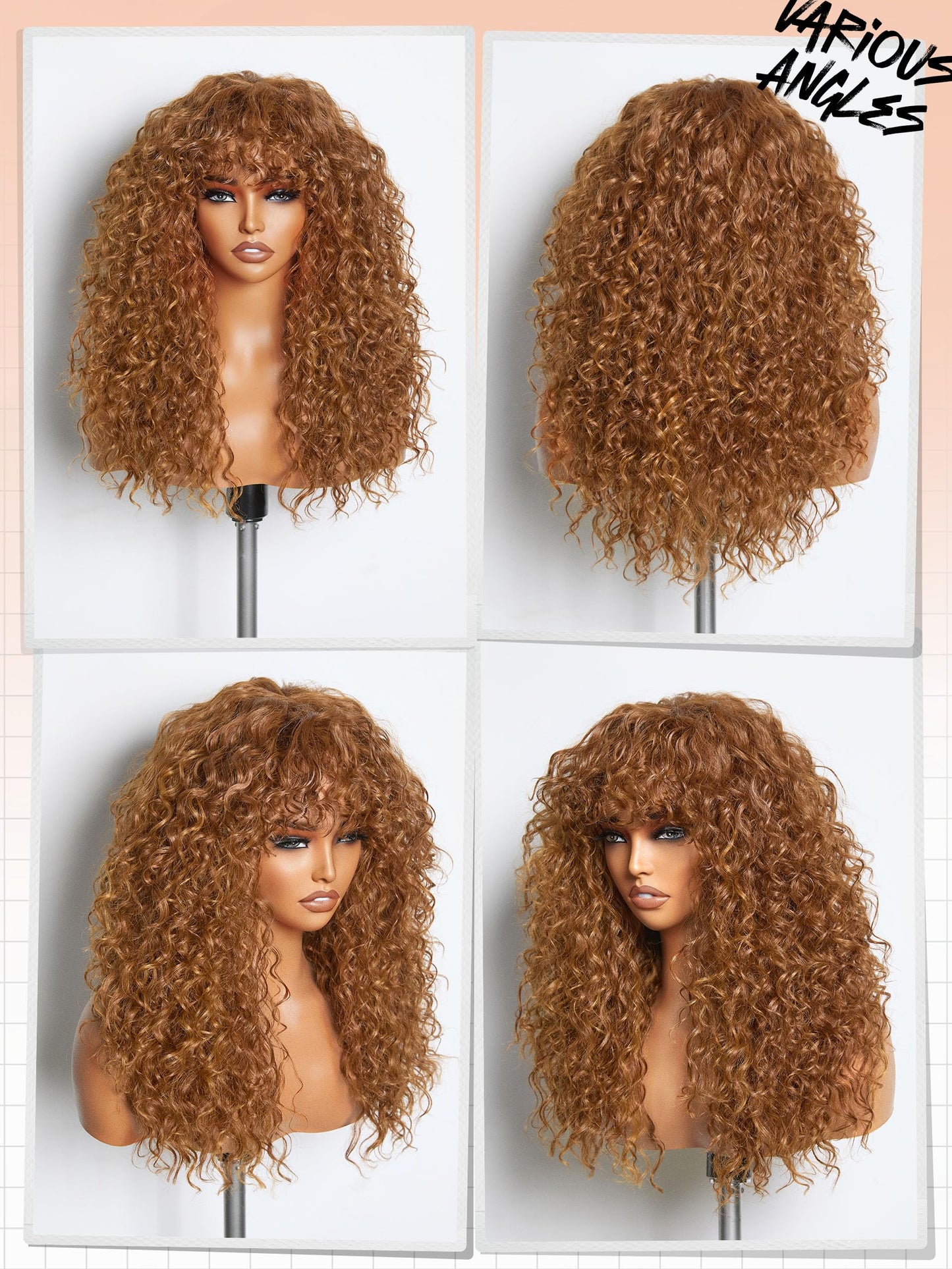GORGIUS Curly Wig with Bangs Cinnamon Brown Shaggy Curl Glueless Bang Wig with True Scalp Upgraded with Natural Human-Hair-Like Premium Synthetic Fiber