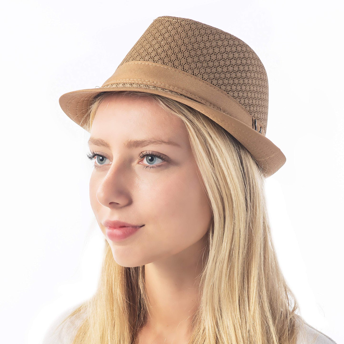 The Hat Depot Light Weight Classic Soft Cool Mesh Crushable Fedora hat (S/M, Khaki)