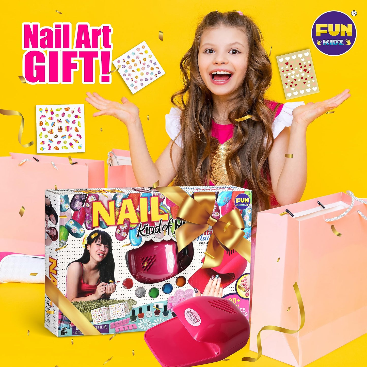 Kid Nail Art Kit for Girls, FunKidz Nail Studio Kits Size 17.91Wx12.4L with Peelable Nail Polish Nail Dryer Teens Makeup Mani Pedi Set Spa Party Gift