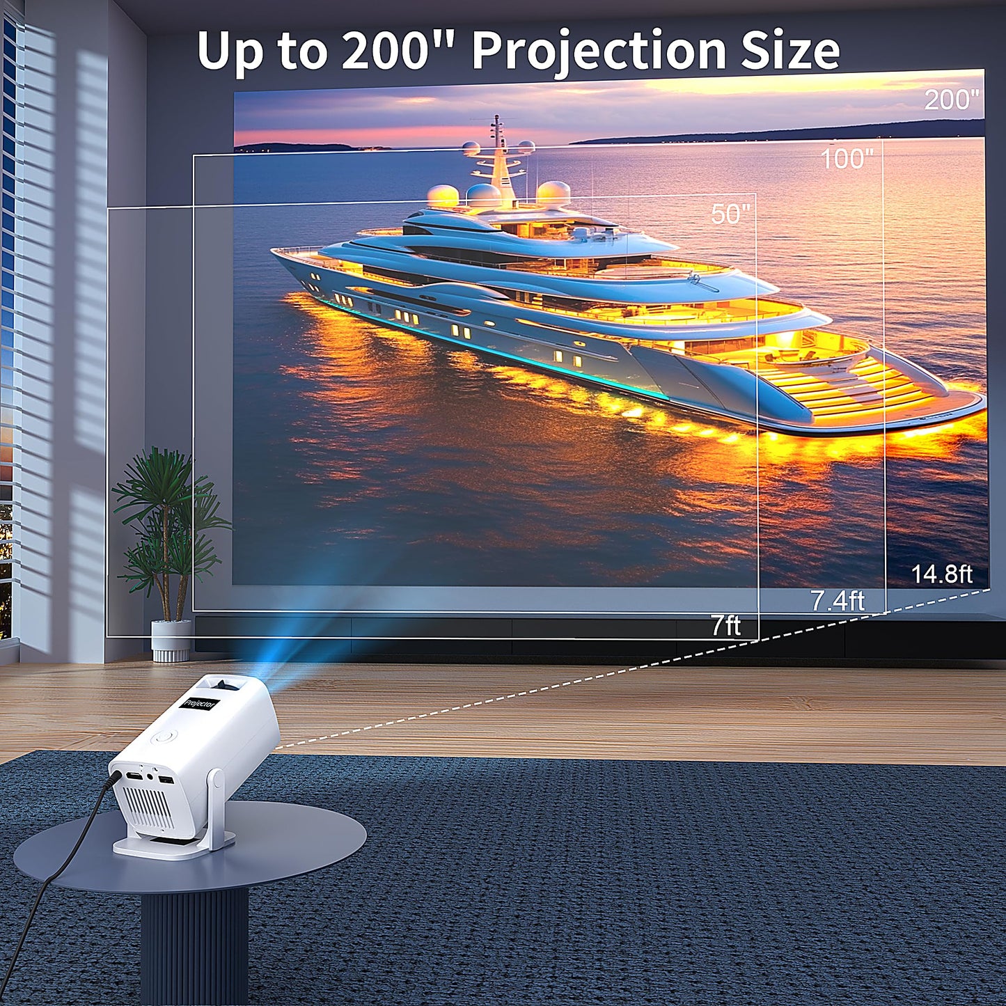 Mini Projector, Portable Outdoor Projector 4K Supported, Short Throw Movie Projector Compatible with Smartphone, TV Stick, Laptop, Game Consoles