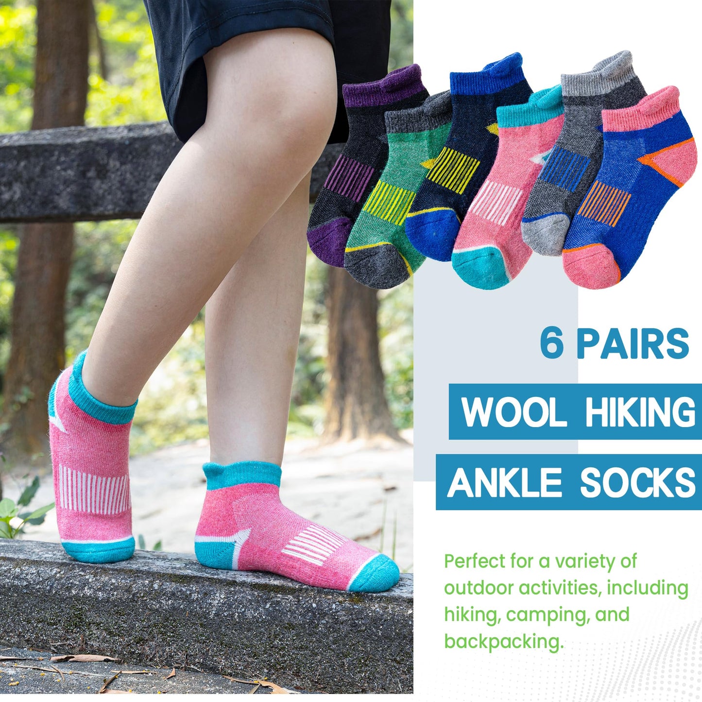 WEVIAS Kids Merino Wool Ankle Socks Boys Girls Hiking Athletic Thermal Running Winter Warm Cozy Teen No Show Socks 6 Pairs (6 Pairs Mix Color A, 8-12 Years)