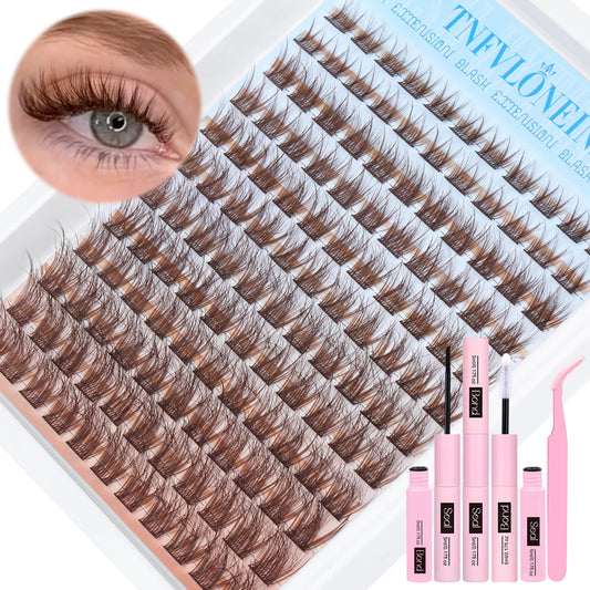 Brown Lash Clusters Kit Natural Eyelash Clusters Fluffy Lash Extension Kit Wispy Eyelash Extension Kit Matte Brown Cluster Eyelash Extensions 8-16mm Individual Lashes Clusters by TNFVLONEINS