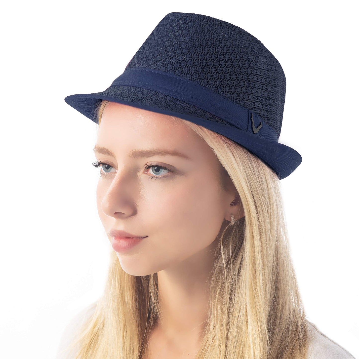 The Hat Depot Light Weight Classic Soft Cool Mesh Crushable Fedora hat (S/M, Navy)