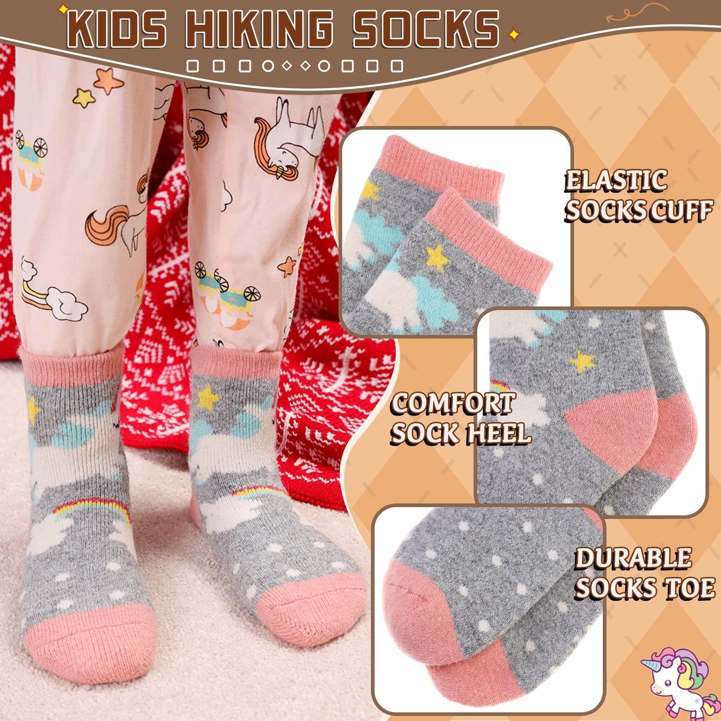 Kids Merino Wool Socks Boys Girls Hiking Boot Winter Thermal Warm Cozy Soft Toddler Thick Crew Socks 6 Pairs (6 Pairs Unicorn C, 1-3 Years)