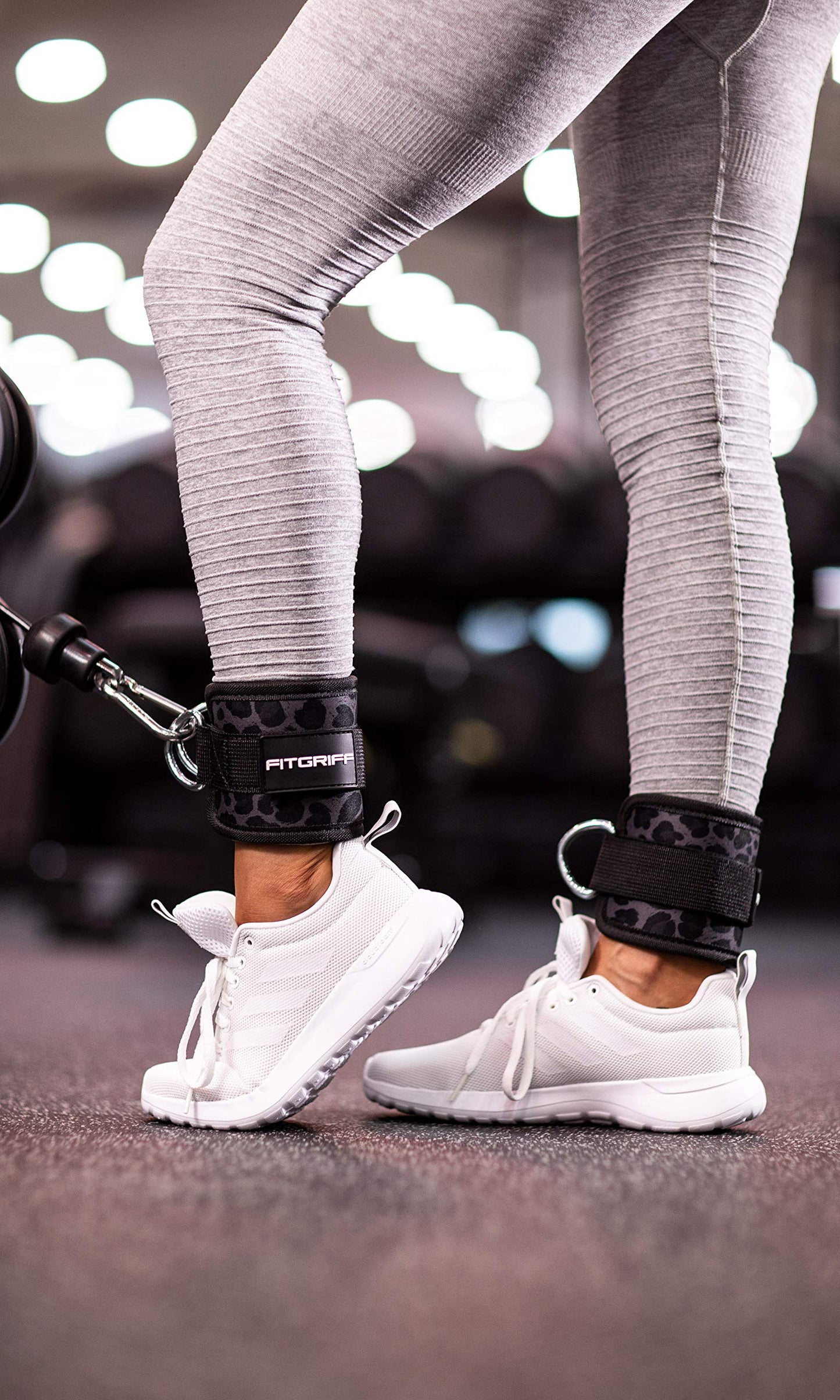 Fitgriff® Ankle Straps V1 for Cable Machine (2 Pieces) - Gym Workout Equipment - Leg Pulley Attachment, Kickback Straps (Leopard)