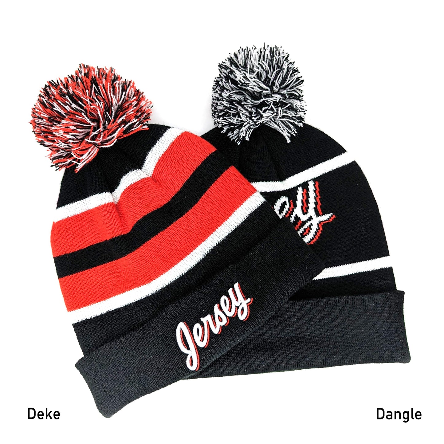 Jersey Hockey Beanie Hat - Alternate Black and Red Color with Pom Pom and Emboidered 3D Puff Script Comfortable and Fun Fan Gift.