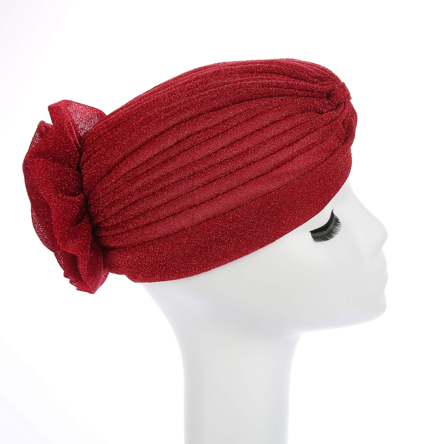 Fxhixiy Women Elastic Glitter Big Flower Turban Beanie Head wrap Hair Loss Chemo Cap Hat (Red)