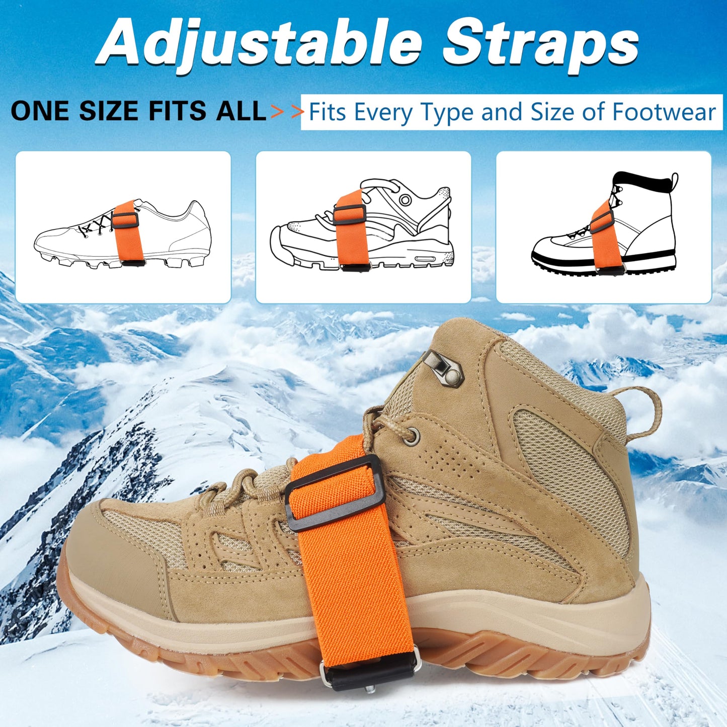 Ice Cleats Mid-Sole Snow Traction Cleats for Shoes and Boots Non-Slip Crampon with 7 Tungsten Studs Adjustable Straps for Secure Grip Snow Cleats for Winter Walking on Snow Ice Jogging Hiking (2Pairs)