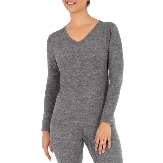 Fruit of the Loom womens Micro Waffle Thermal V-neck Pajama Top, Smoke Heather, X-Large US