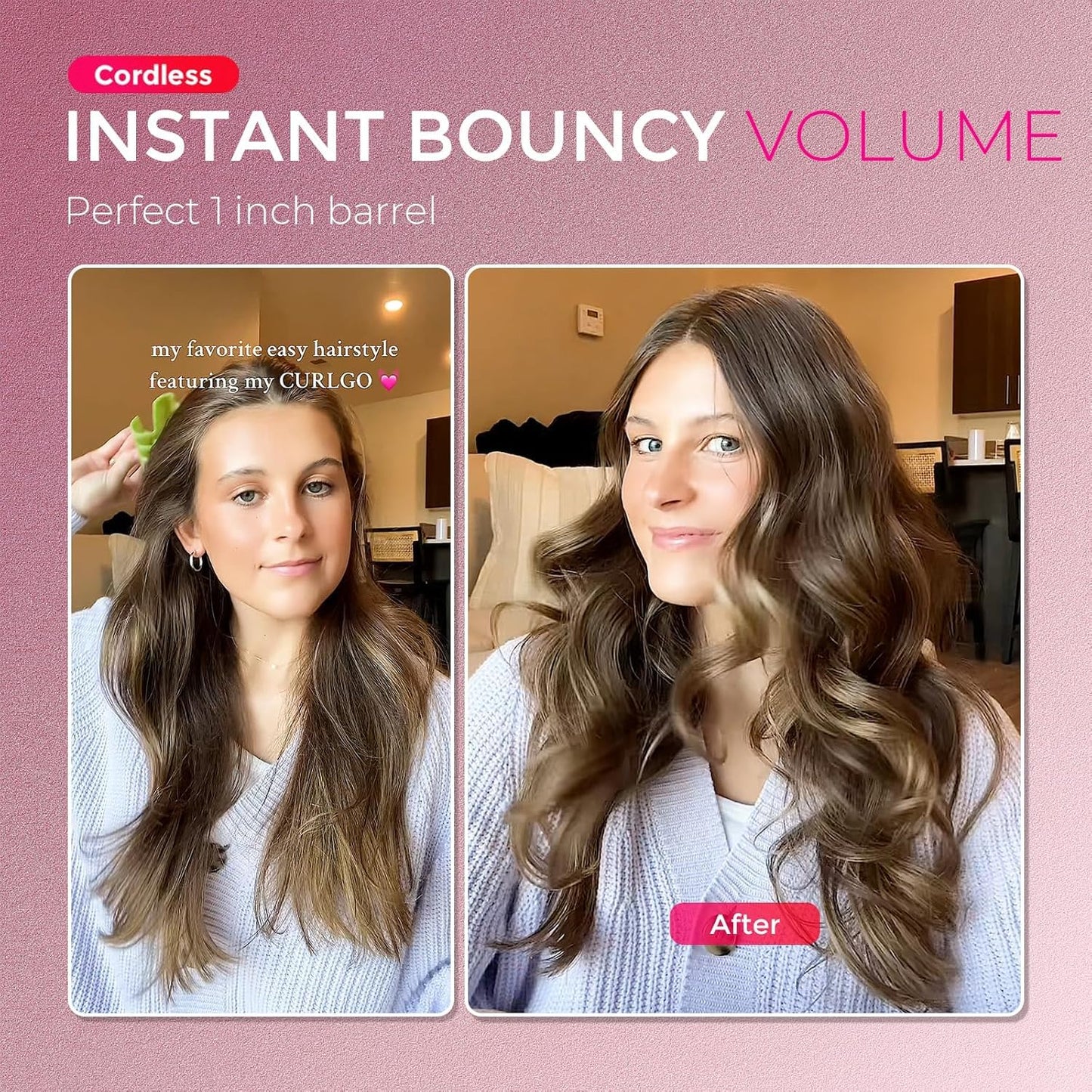 TYMO Cordless Automatic Curling Iron - Upgraded TYMO CurlGo Smart 1 Inch Rotating Curling Wand for Travel, Ionic Beach Waves Portable Hair Curlers for Women, Anti-Scald, Safe & Tangle-Free, Gold Blush