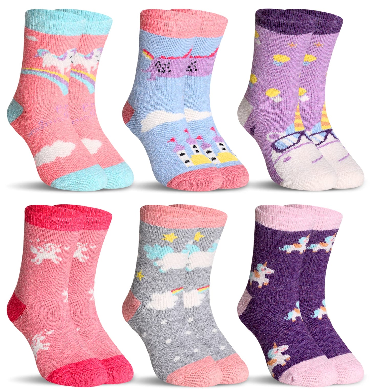 Kids Merino Wool Socks Boys Girls Hiking Boot Winter Thermal Warm Cozy Soft Toddler Thick Crew Socks 6 Pairs (6 Pairs Unicorn C, 1-3 Years)