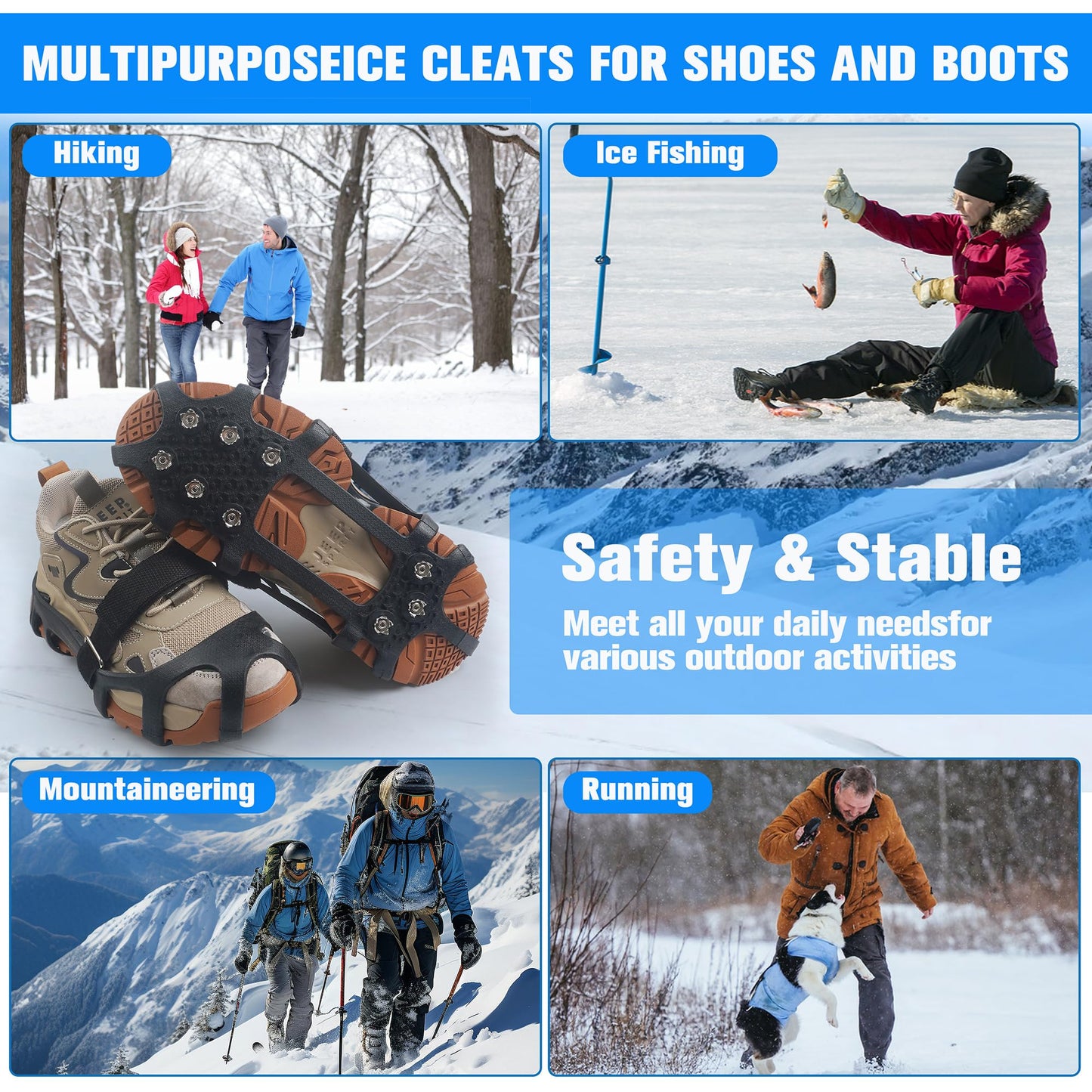 Walk Traction Ice Cleats, Anti-Skid Ice Snow Grips 9 Stainless Steel Studs Winter Crampons with Straps Over Shoe Boots for Hiking Climbing,Ice Fishing and Walking XLarge