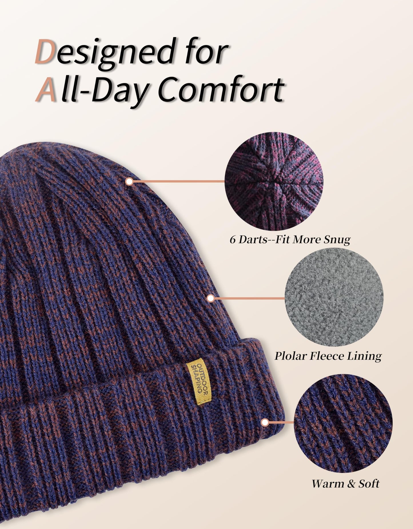 OUTDOOR SHAPING Fleece Lined Knit Cuffed Beanie Winter Hats for Women Men Soft Ski Skull Cap Navy/Burgundy