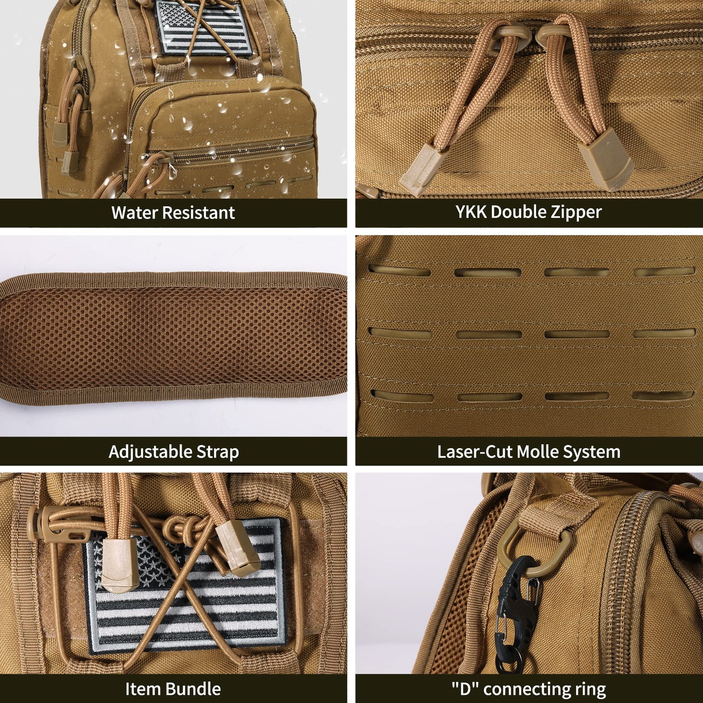BOMTURN Tactical Backpack Sling Bag - 1000D Waterproof Military Backpack // Chest Bag // CCW Bags Outdoor Shoulder Bag with USA Patch for Every Day Carry