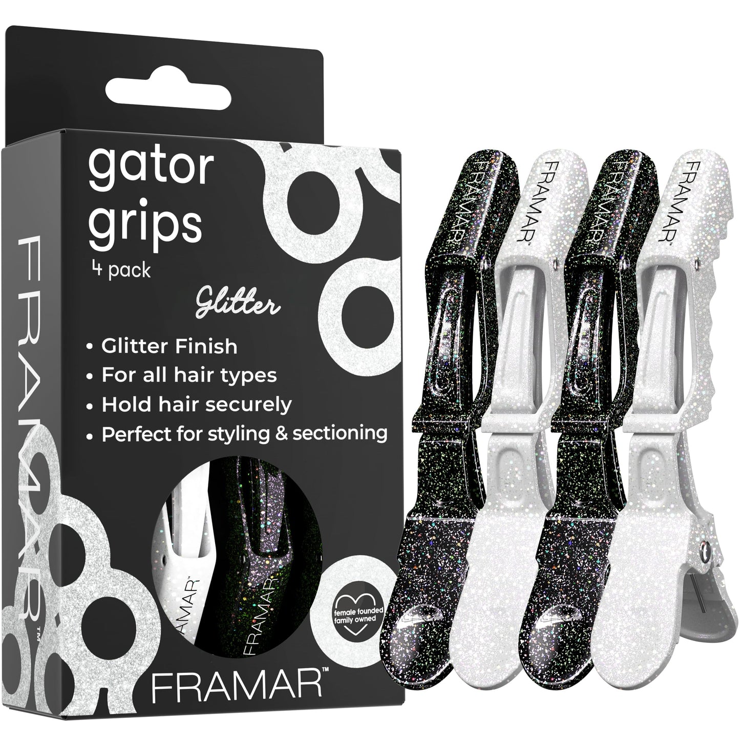FRAMAR Glitter Hair Clip Set - Alligator Clips For Hair Styling, Hair Styling Clips Sectioning, Glitter Accessories for Women, Glitter Hair Clips For Women Styling, Salon Hair Clips – 4 Pack