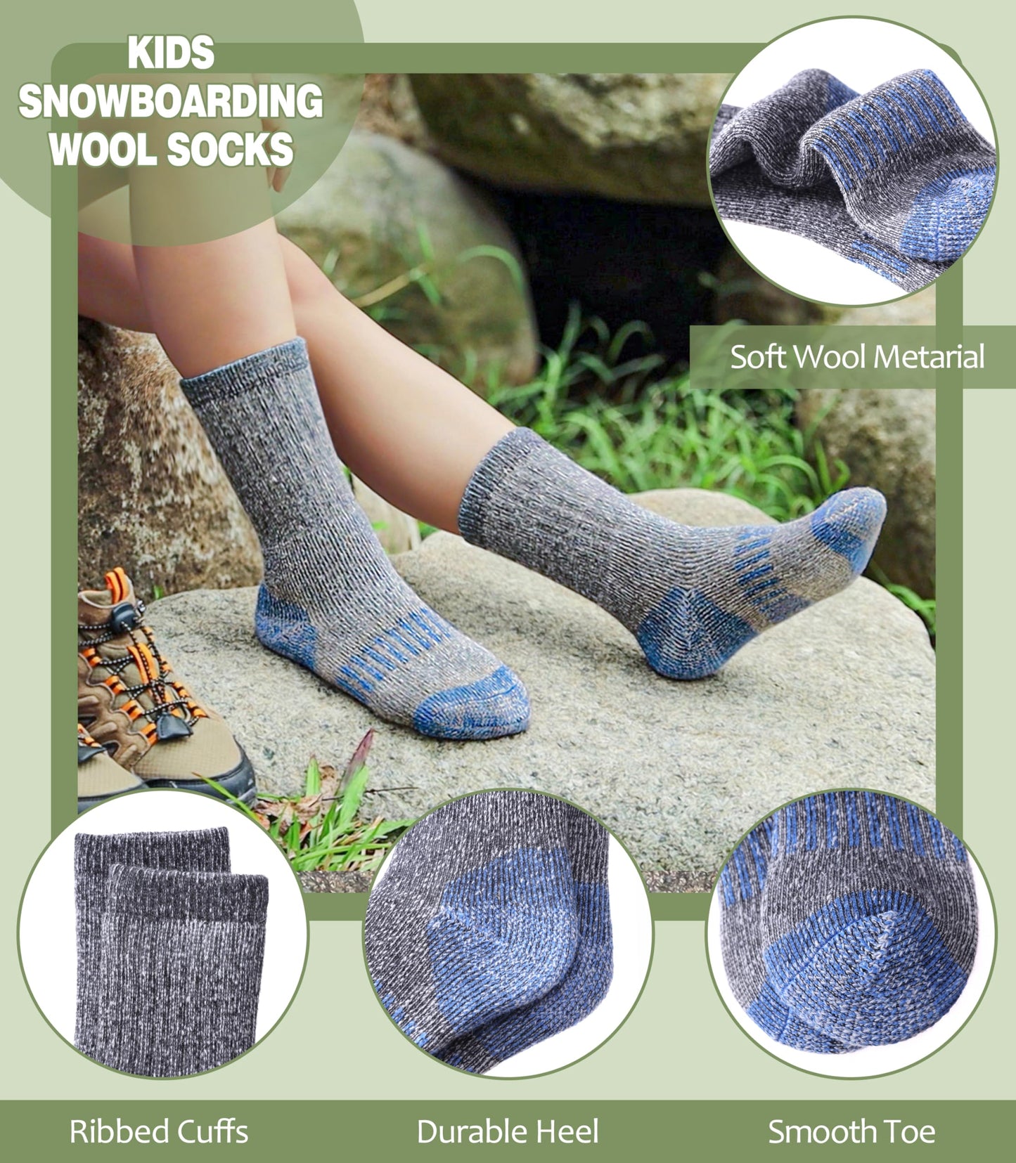 LANLEO Kids Merino Wool Hiking Socks Boys Girls Winter Thermal Warm Thick Cozy Cushion Boot Crew Socks 3 Pairs Hiking Socks Blue,8-12 Year Old