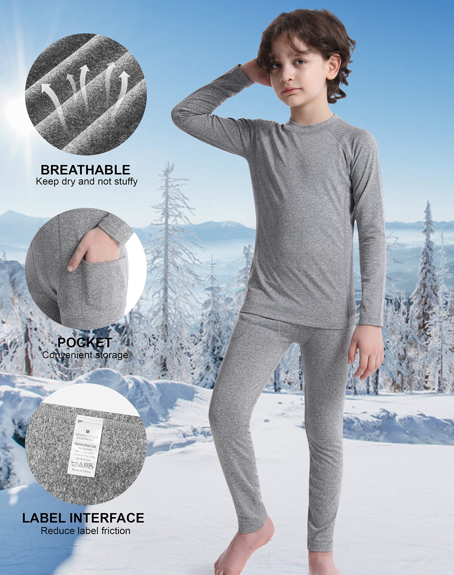 Roadbox Thermal Underwear for Boy - Fleece Lined Long Johns Warm Undershirt Cool Dry Base Layer Pants for Winter Running Grey