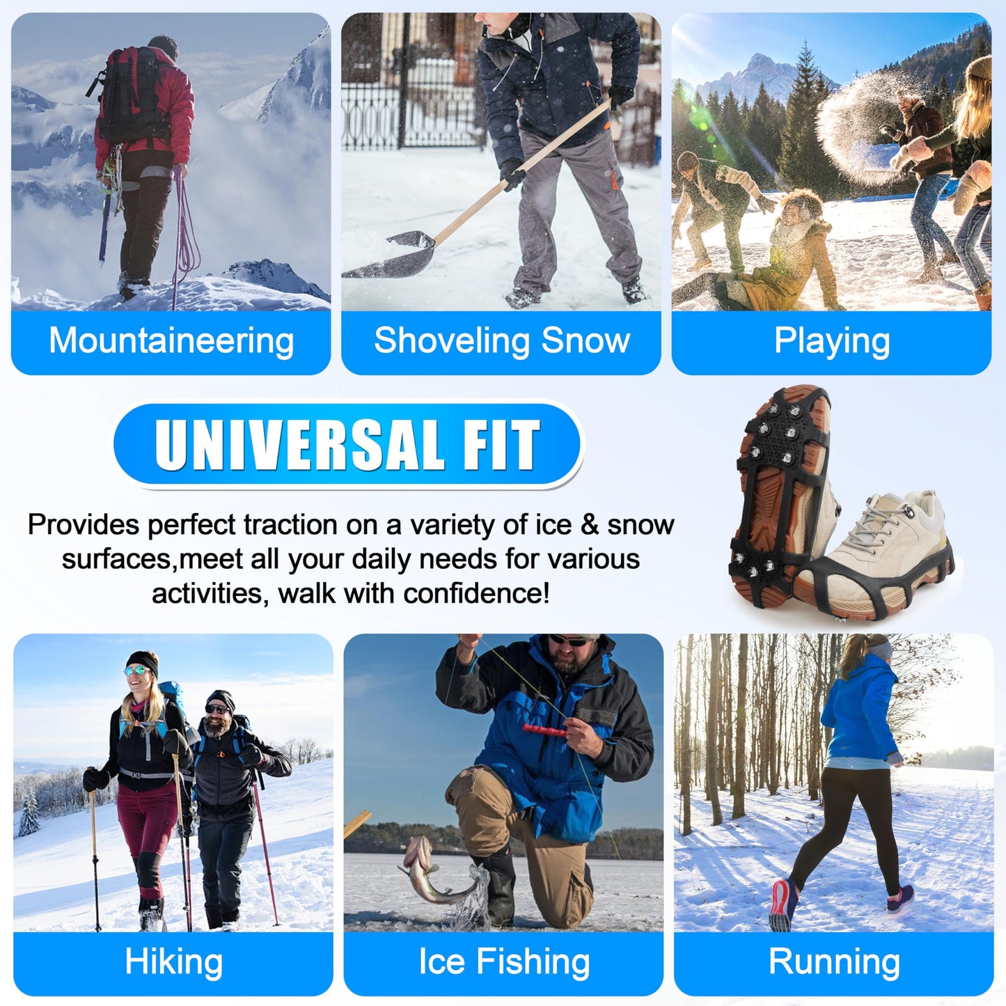 Ice Cleats for Shoes and Boots Snow Traction Cleats Crampons for Snow and Ice Women Men Kids Non Slip Snow Cleats Grippers Winter Walking Hiking Climbing Ice Fishing XL