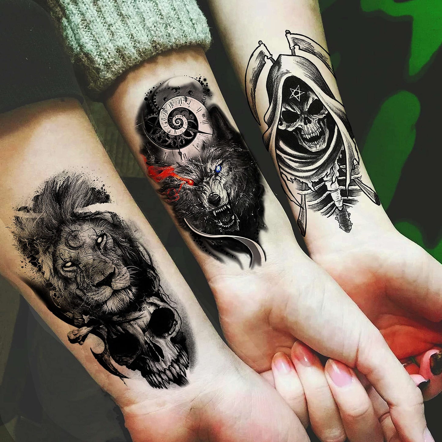70 Sheets 3D Forearm Black Realistic Wolf Tiger Lion Temporary Tattoos For Men Women Thigh Arm, Scary Skull Gothic Gangster Fake Tattoo Sticker Adults, Large Tribal Half Sleeve Tatoos Halloween