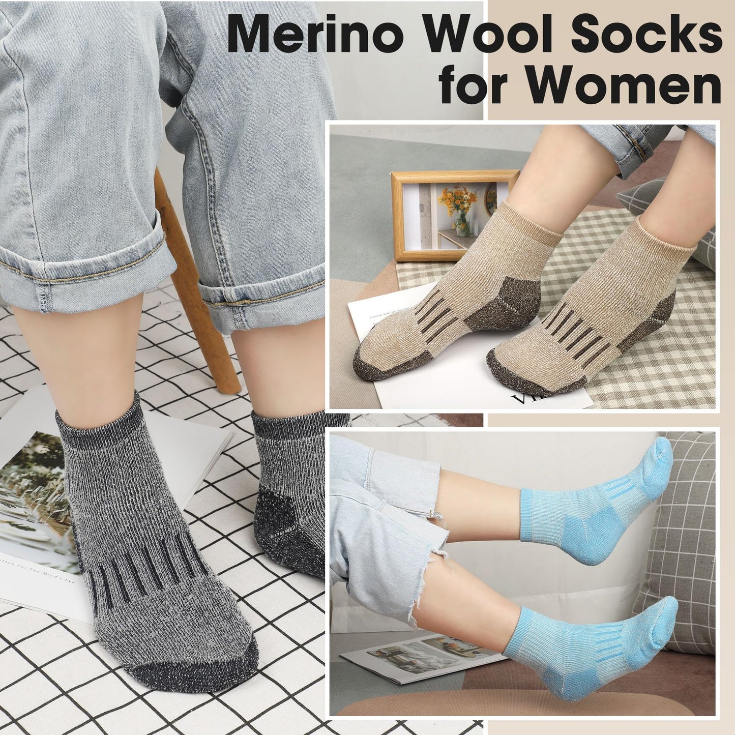 Chalier 6 Pairs Merino Wool Socks for Women, Compression Support Hiking Socks Ankle Running Thick Socks,A-Purple/Pink/Blue/Brown/Grey/Black