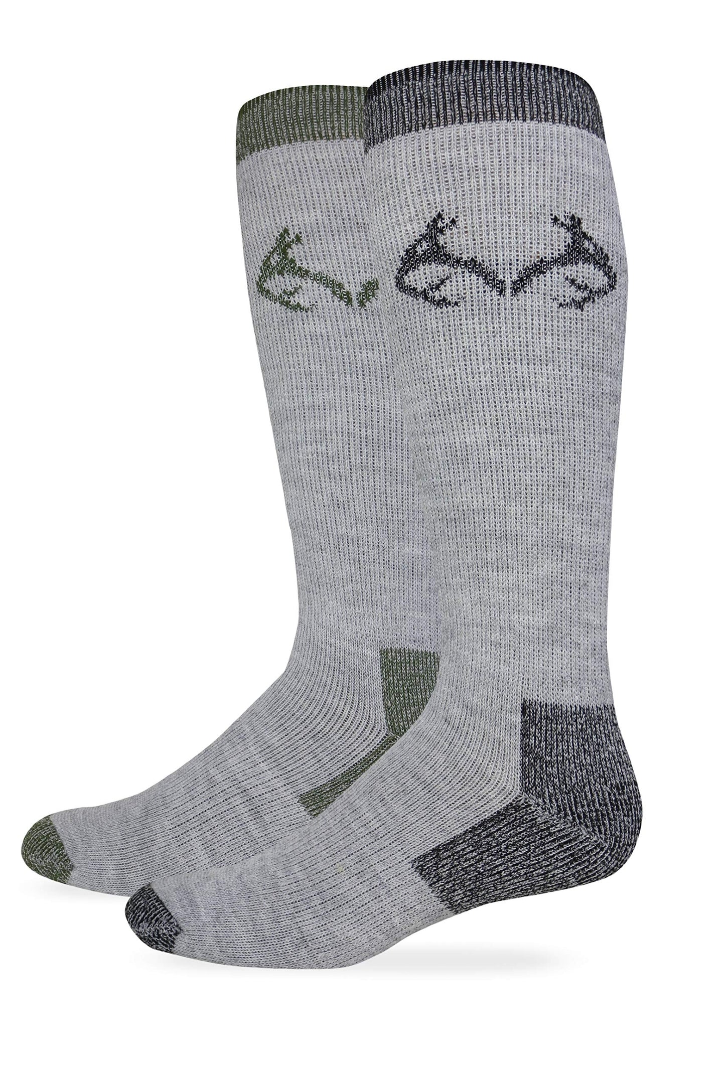 Realtree Men's Merino Wool Blend Boot Socks, 2 Pairs, Grey Black/Olive Tip, LARGE