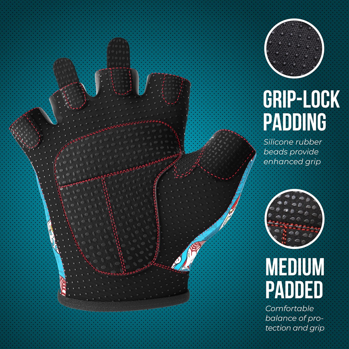 Contraband Pink Label 5237 Womens Designer Workout Gloves | Sugar Skull Print w/Grip-Lock™ Padding (Green, X-Small)