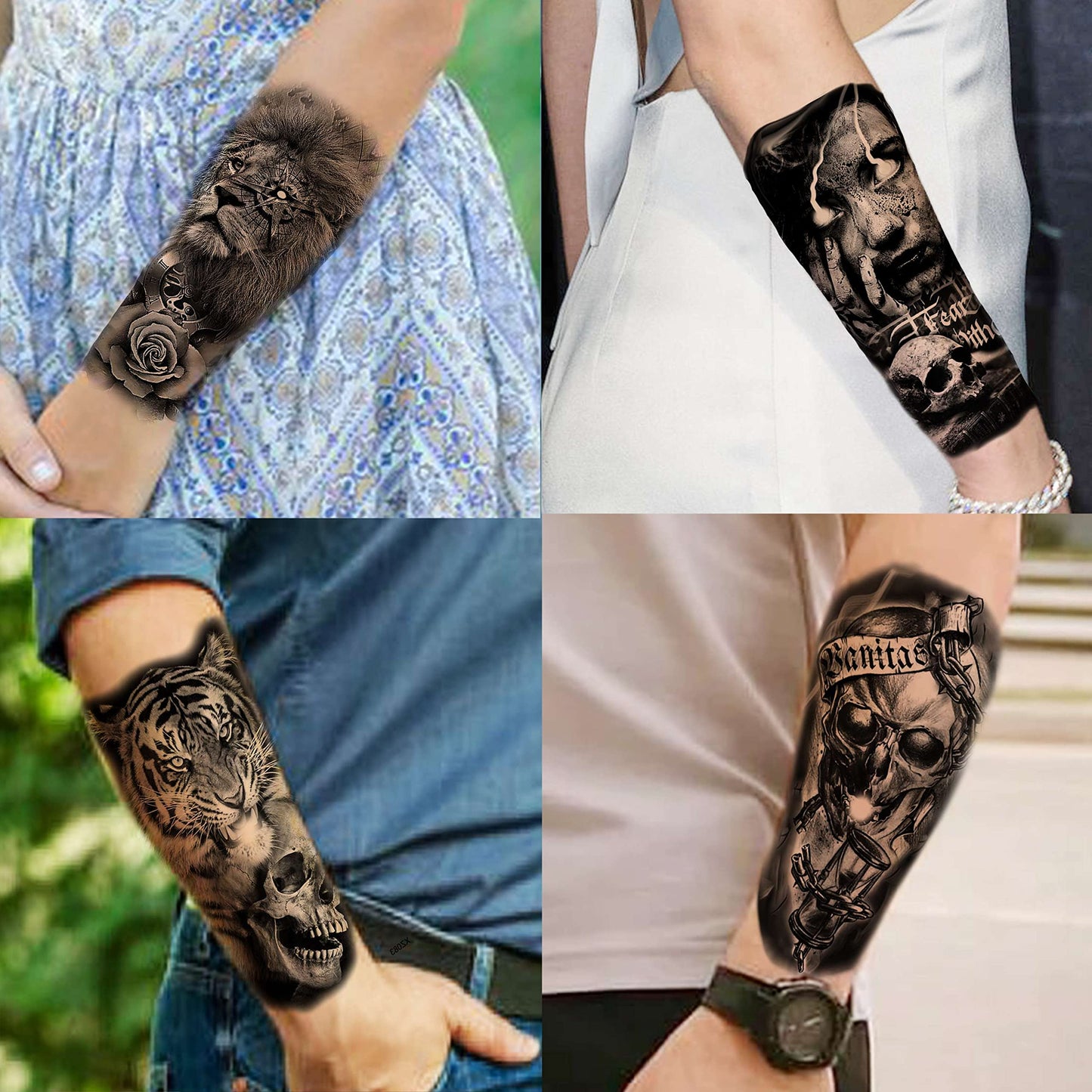 70 Sheets 3D Forearm Black Realistic Wolf Tiger Lion Temporary Tattoos For Men Women Thigh Arm, Scary Skull Gothic Gangster Fake Tattoo Sticker Adults, Large Tribal Half Sleeve Tatoos Halloween