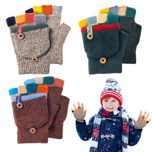 Kids Winter Gloves, Warm Knitted Convertible Fingerless Gloves for Baby Boy Girl with Mittens Cover Cap
