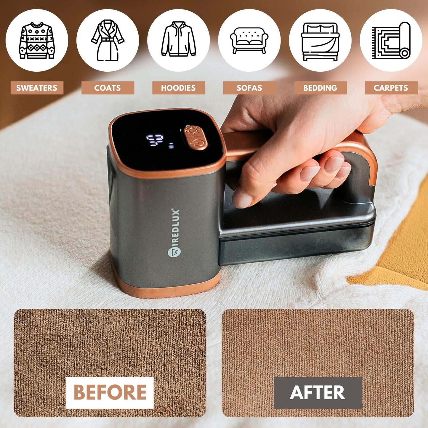 WiredLux Electric Lint Remover - Rechargeable Fabric Shaver for Clothes & Couch - Adjustable 3-Speed, 6-Leaf Blade, LED Light, USB Charging - Depiller with Dual Protection (Graphite Grey/Copper)