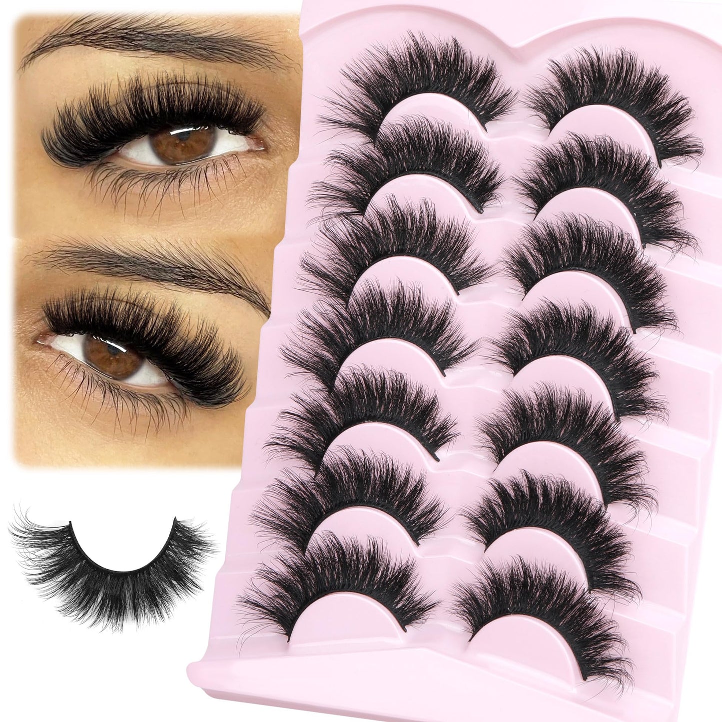Thick Lashes Mink Fluffy Eyelashes 18MM Long False Eyelashes Strip 5D Volume Fake Eyelashes Dramatic Full Fake Lashes 7 Pairs Cat Eye Big Lashes that Look Like Extensions