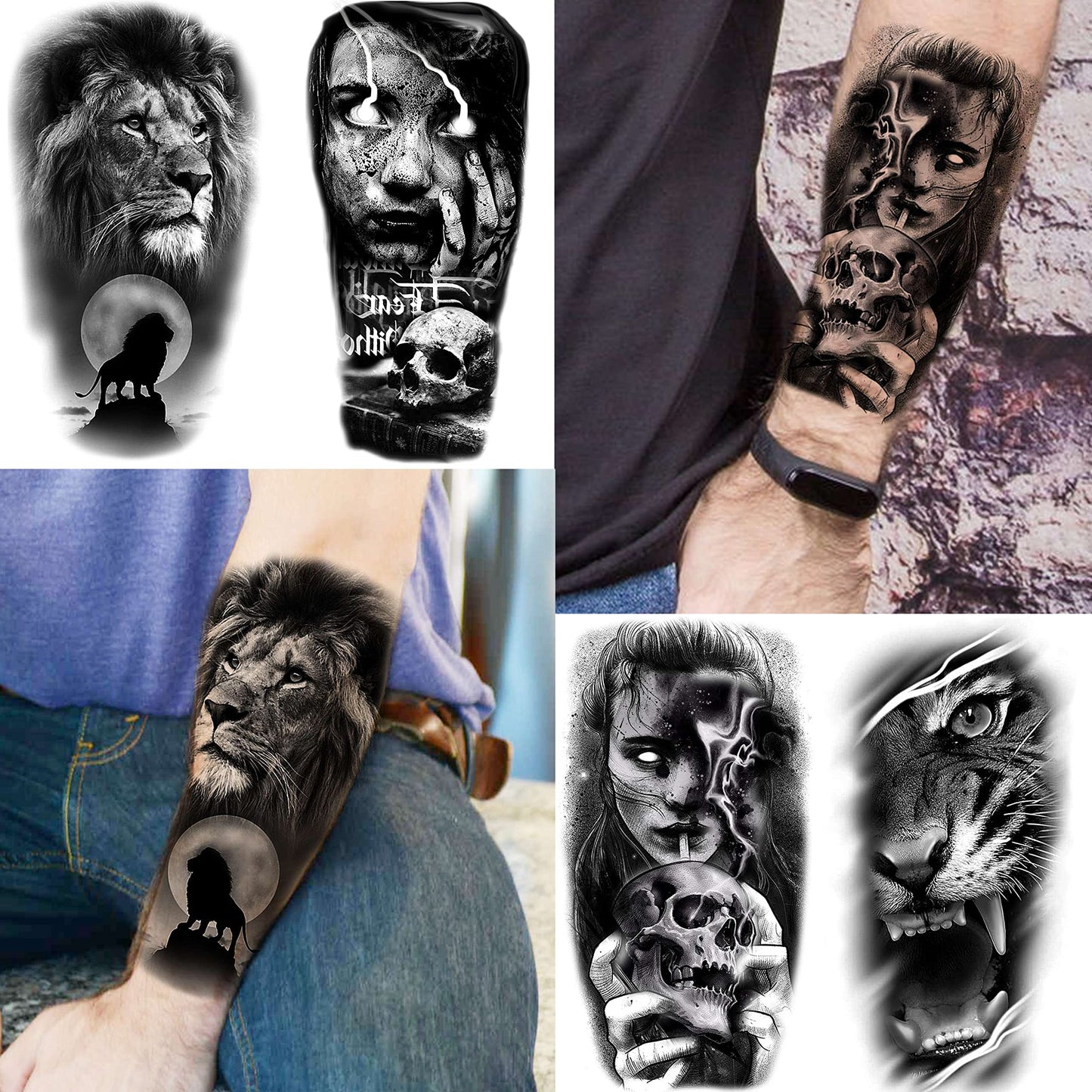 70 Sheets 3D Forearm Black Realistic Wolf Tiger Lion Temporary Tattoos For Men Women Thigh Arm, Scary Skull Gothic Gangster Fake Tattoo Sticker Adults, Large Tribal Half Sleeve Tatoos Halloween