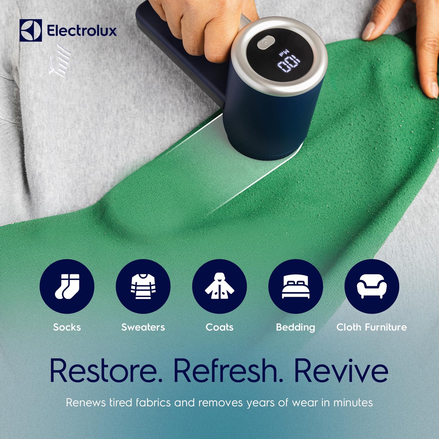 Electrolux Rechargeable Fabric Shaver | 3-Speed Lint Remover for Clothes & Furniture | Eliminates Fuzz & Pilling | Electric Lint Shaver with LED Display & Type-C Fast Charging Port - Blue