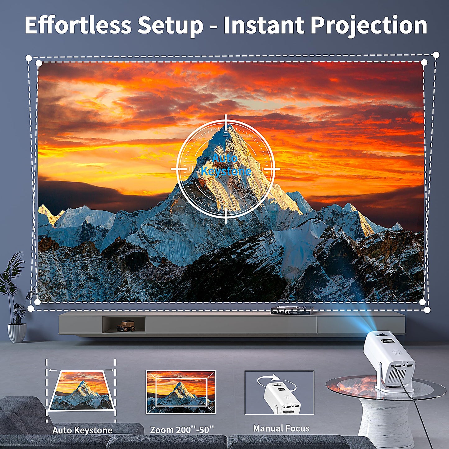 Mini Projector, Portable Outdoor Projector 4K Supported, Short Throw Movie Projector Compatible with Smartphone, TV Stick, Laptop, Game Consoles