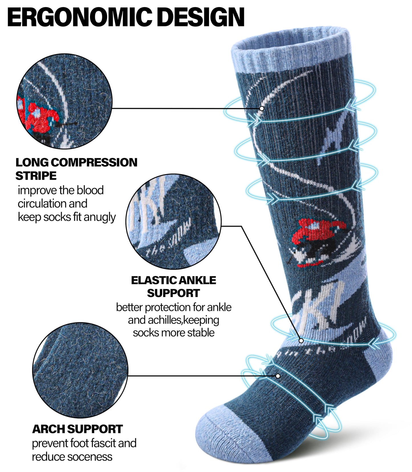 DOSKONI Kids Merino Wool Ski Socks Boys Girls Thermal Winter Warm Thick Cozy Socks for Skiing Snowboarding 3 Pairs Skate Green Blue Grey,8-12 Year Old