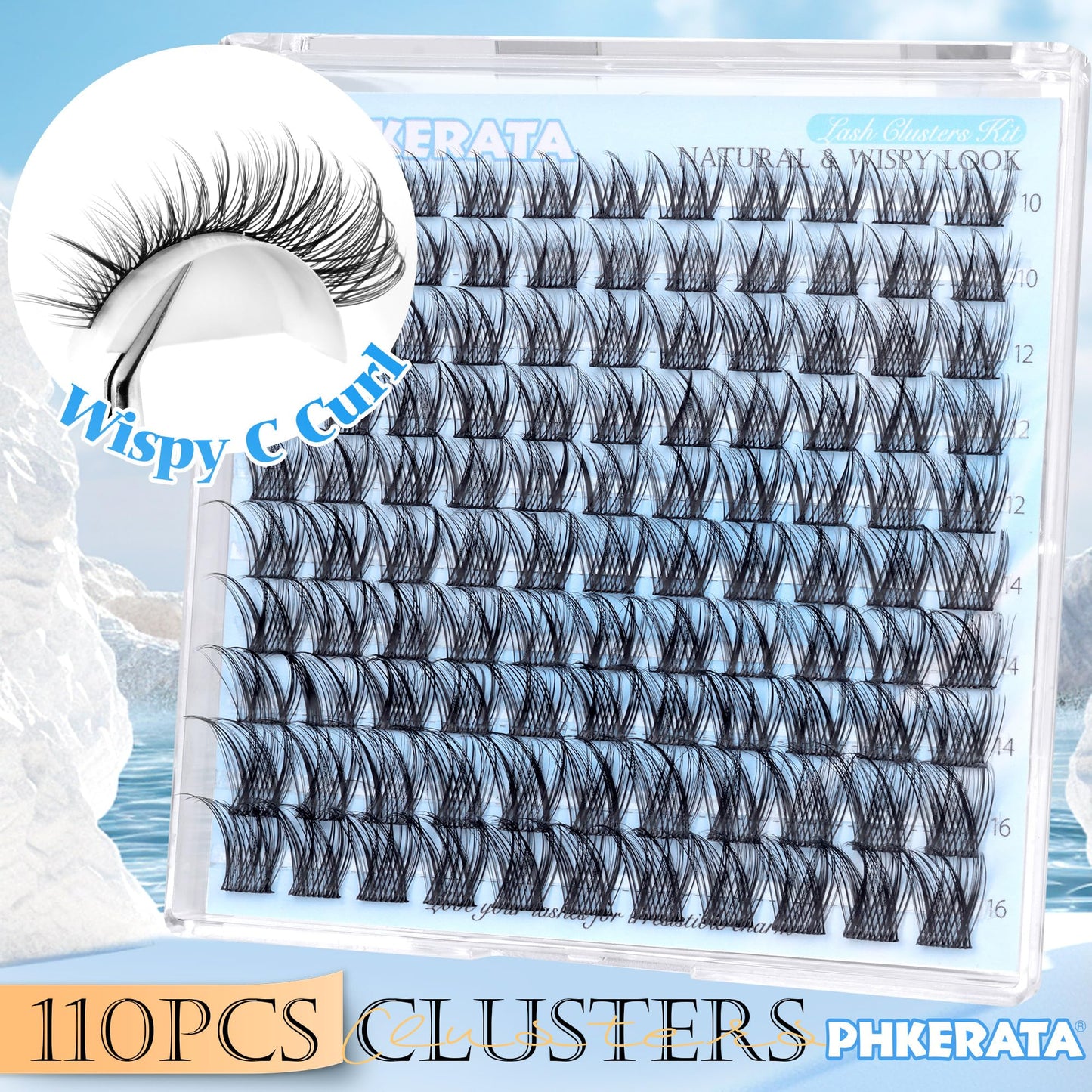 PHKERATA Natural Lash Clusters Wispy Eyelash Clusters 110 pcs Cluster Eyelash Extensions C Curl Individual Lashes 10-16 mm Mix Length Natural Look Lashes Clusters with Thin Lash Band