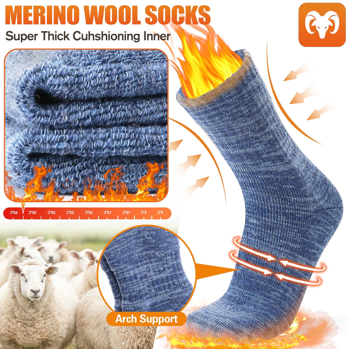 EBMORE Merino Wool Thermal Warm Socks for Women Men Thick Winter Hiking Cozy Crew Comfy Gifts Socks 4 Pairs Stocking Stuffers(Blue/White/Black/Black Blue, M)