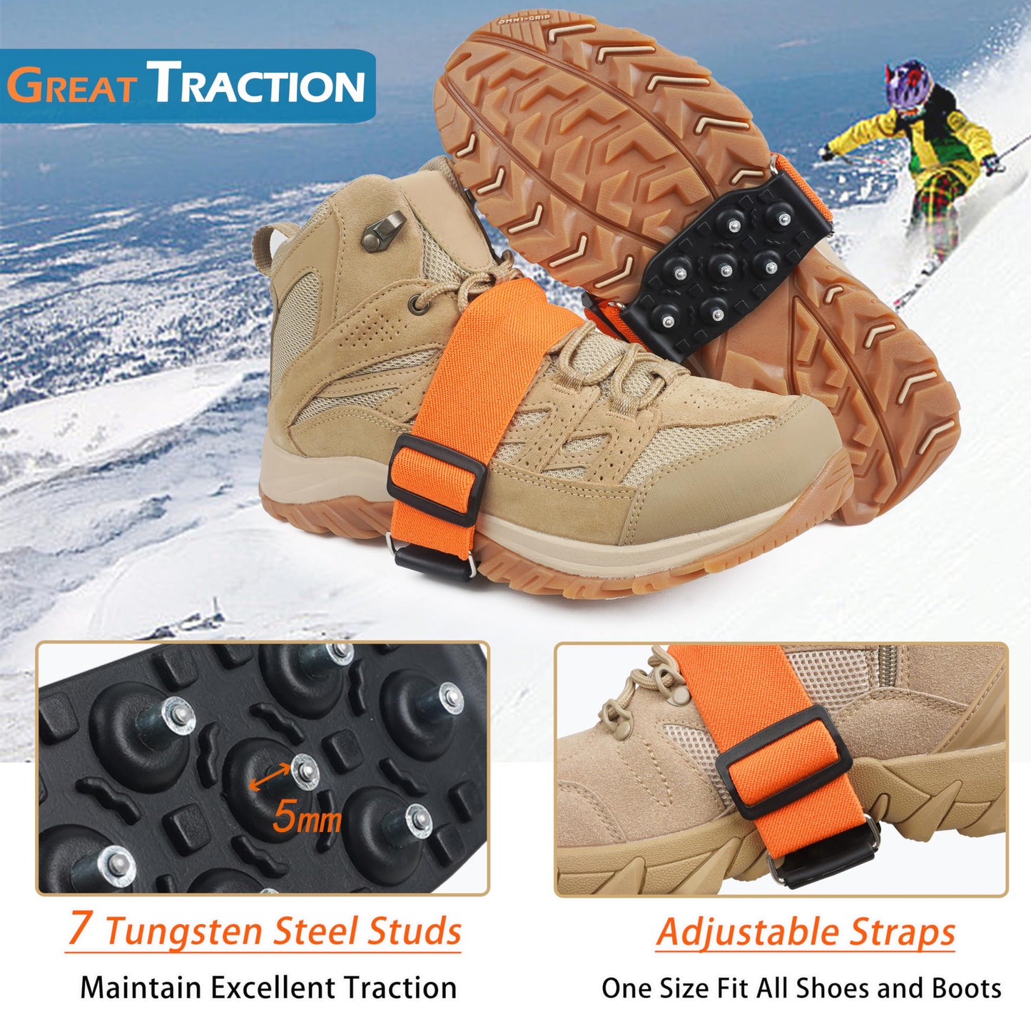 Ice Cleats Mid-Sole Snow Traction Cleats for Shoes and Boots Non-Slip Crampon with 7 Tungsten Studs Adjustable Straps for Secure Grip Snow Cleats for Winter Walking on Snow Ice Jogging Hiking (2Pairs)