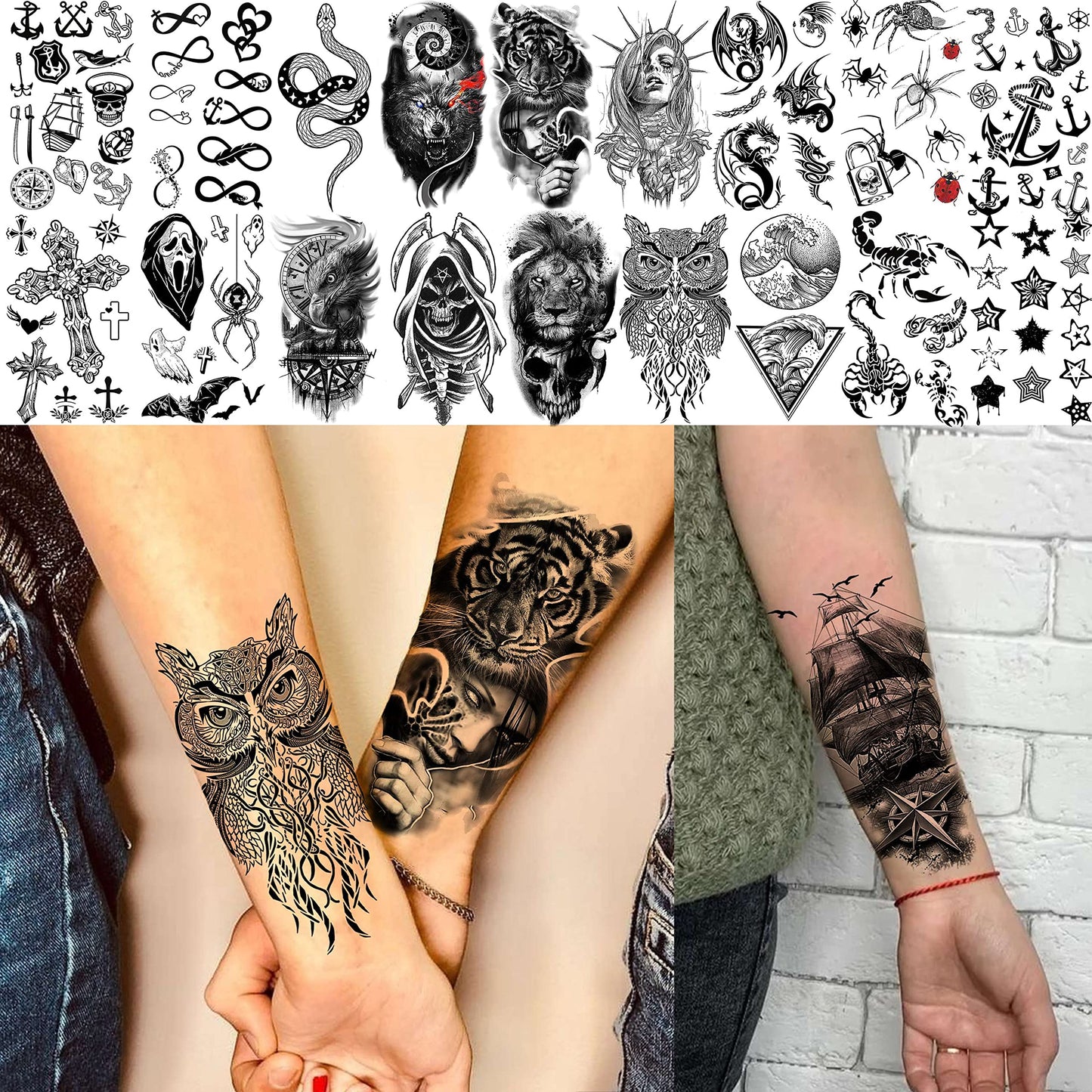 70 Sheets 3D Forearm Black Realistic Wolf Tiger Lion Temporary Tattoos For Men Women Thigh Arm, Scary Skull Gothic Gangster Fake Tattoo Sticker Adults, Large Tribal Half Sleeve Tatoos Halloween